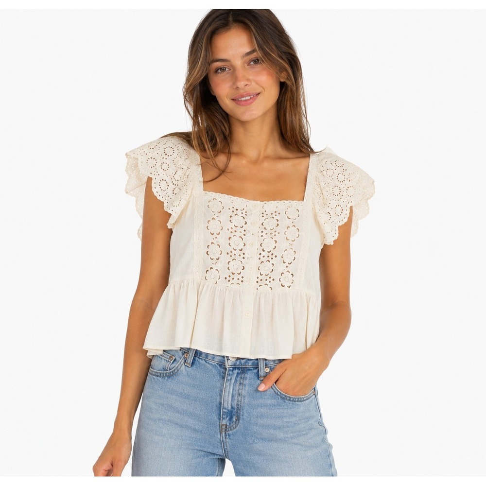 New American Eagle Cap Sleeve Eyelet Blouse Size XS Girly Babydoll Resort